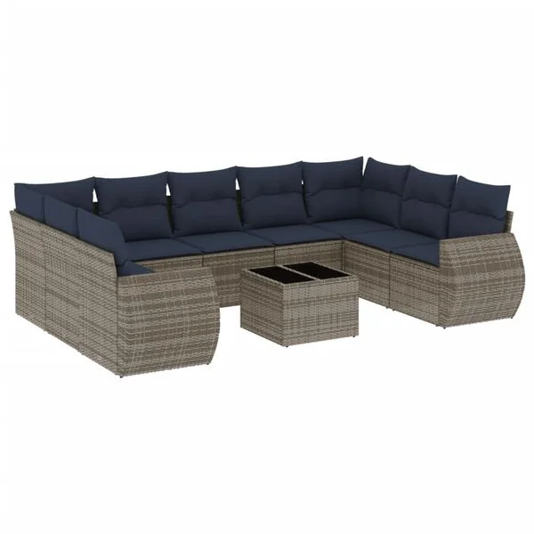 vidaXL 10-teiliges Gartensofa-Set mit Kissen, grau, Polyrattan