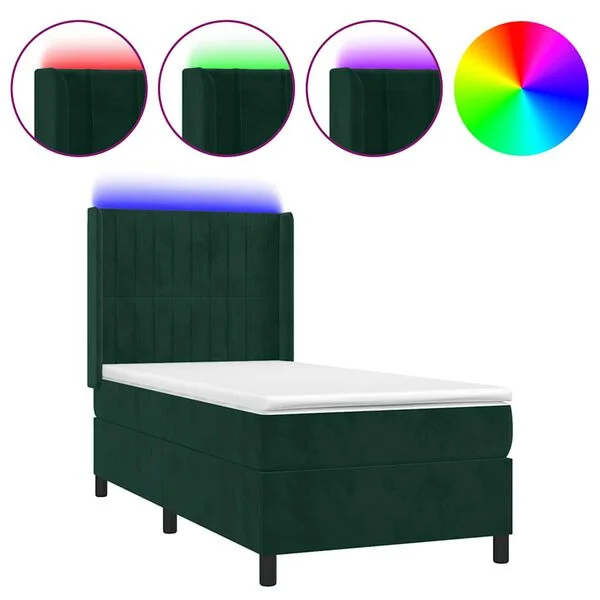 vidaXL Boxspringbett mit Matratze & LED Dunkelgrün 90x190 cm Samt