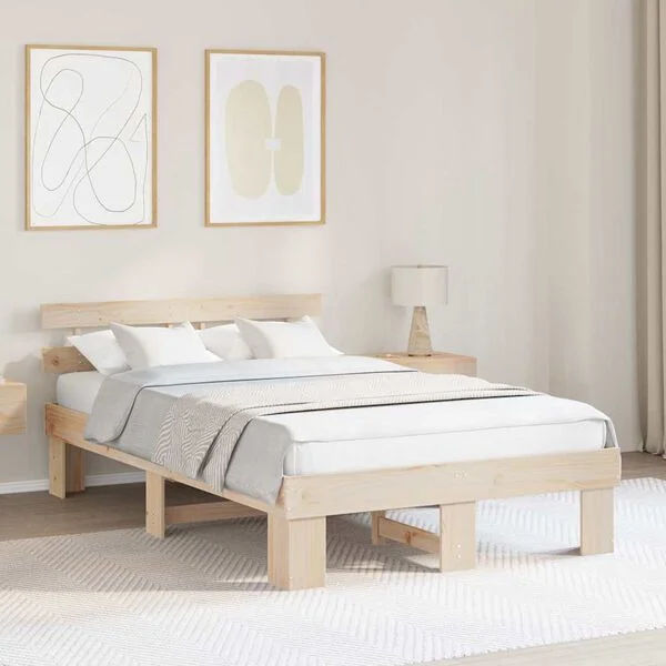 vidaXL Bettrahmen mit Kopfteil Natur 140 x 190 cm Massives Kiefernholz