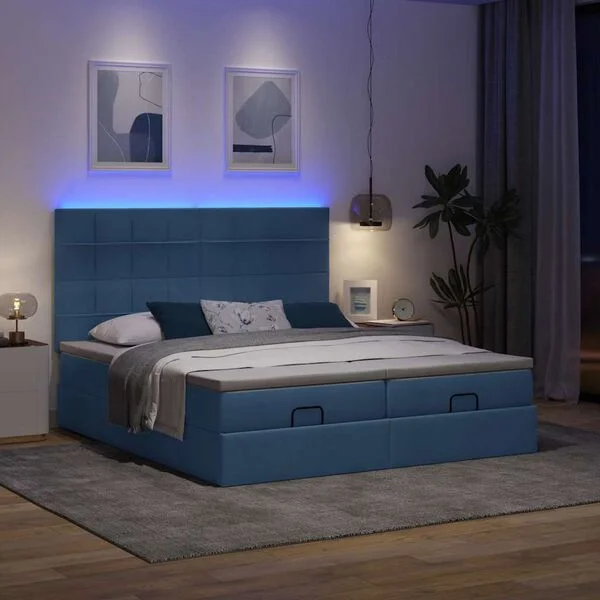 vidaXL Ottoman-Bett mit Matratzen & LEDs Blau 200x200 cm Stoff