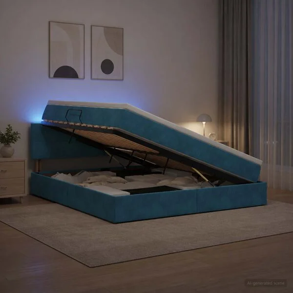 vidaXL LED-Speicherbett mit Matratze Dunkelblau 180 x 200 cm Samt