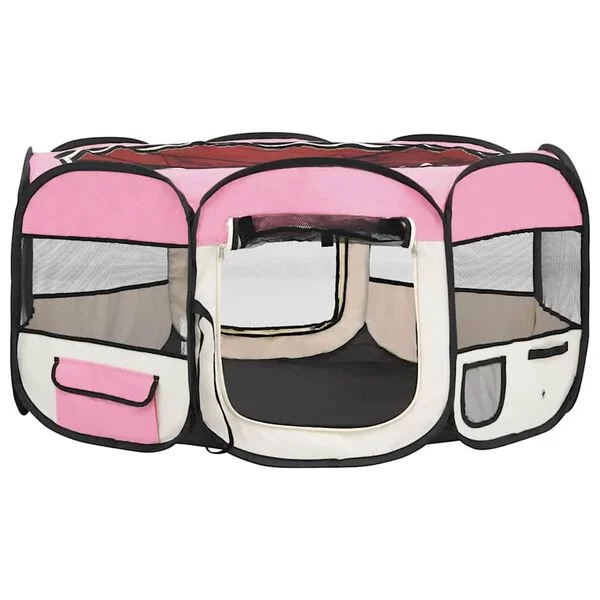 vidaXL Faltbarer Welpenlaufstall mit Tragetasche Rosa 145x145x61 cm