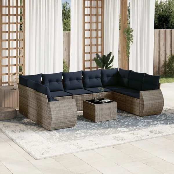 vidaXL 10-teiliges Gartensofa-Set mit Kissen, grau, Polyrattan