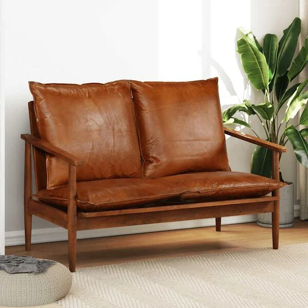 vidaXL 2-Sitzer-Sofa Echtleder Akazienholz Braun