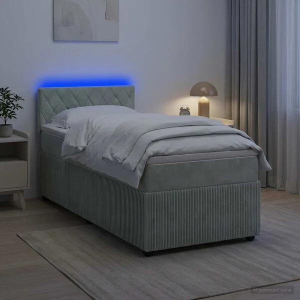 vidaXL Boxspringbett mit Matratze und LED Hellgrau 90 x 190 cm Samt