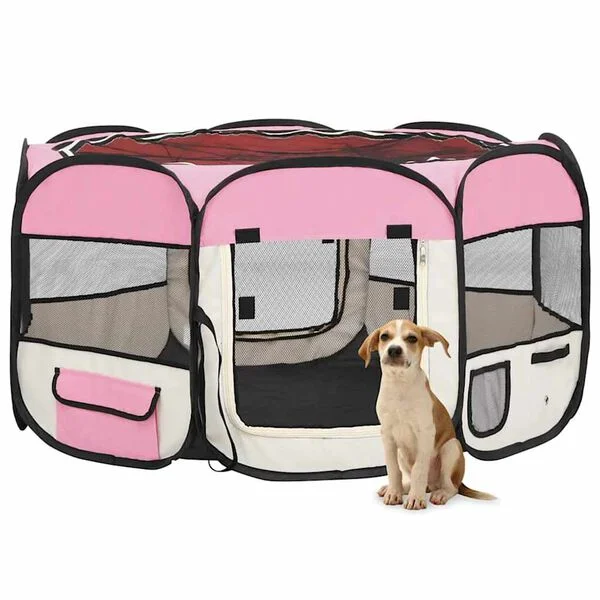 vidaXL Faltbarer Welpenlaufstall mit Tragetasche Rosa 125x125x61 cm