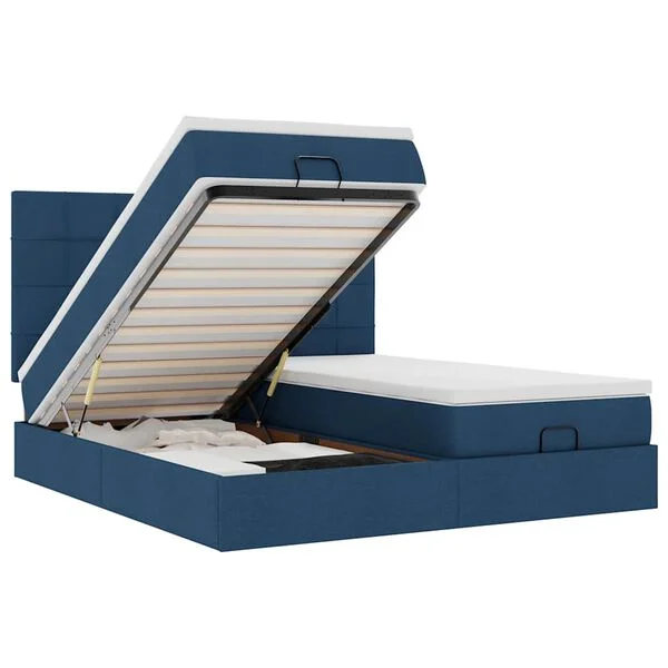 vidaXL Ottoman-Bett mit Matratzen & LEDs Blau 200x200 cm Stoff