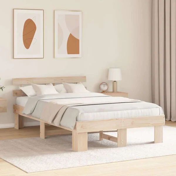 vidaXL Bettrahmen mit Kopfteil Natur 140 x 190 cm Massives Kiefernholz