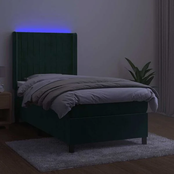 vidaXL Boxspringbett mit Matratze & LED Dunkelgrün 90x190 cm Samt